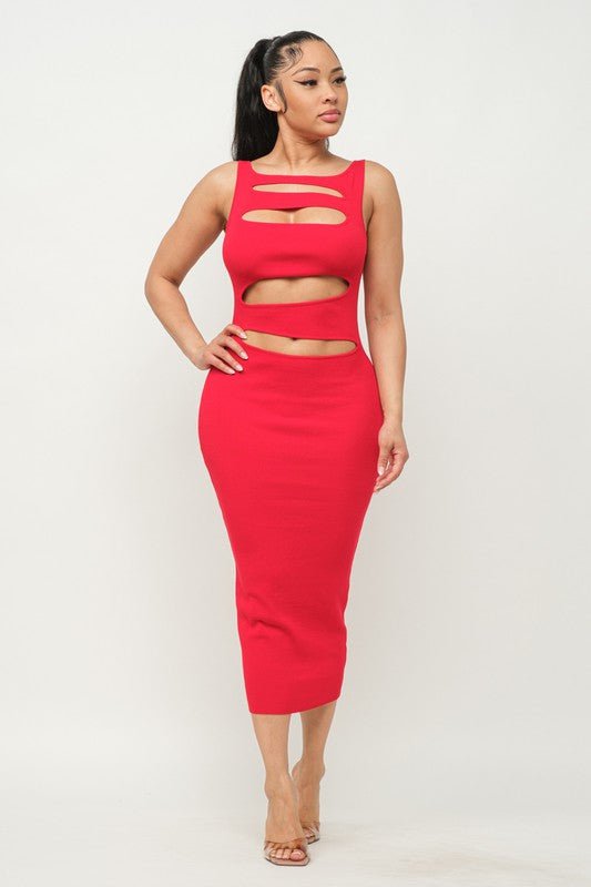 Red Sleeveless Cutout Front Midi Dress - STYLED BY ALX COUTUREDresses