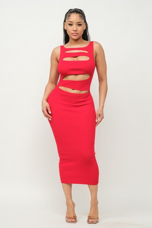 Red Sleeveless Cutout Front Midi Dress - STYLED BY ALX COUTUREDresses