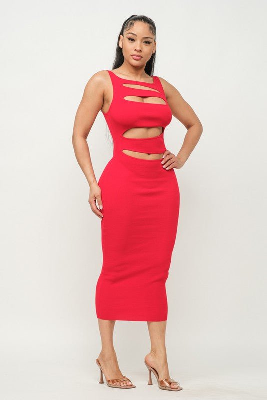 Red Sleeveless Cutout Front Midi Dress - STYLED BY ALX COUTUREDresses