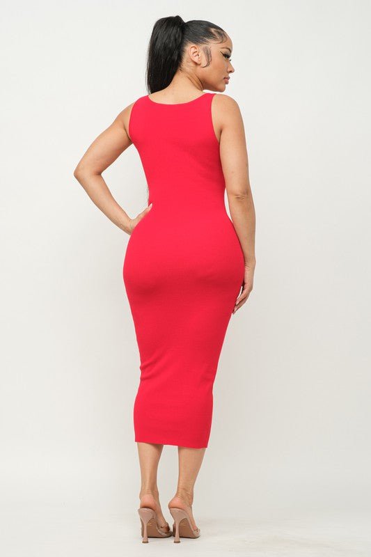 Red Sleeveless Cutout Front Midi Dress - STYLED BY ALX COUTUREDresses