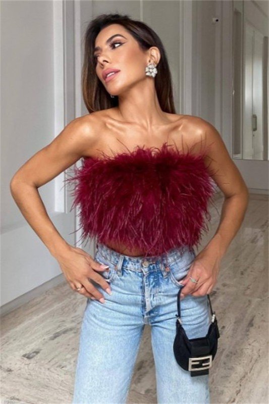 Red Strapless Cropped Feather Top - STYLED BY ALX COUTUREShirts & Tops