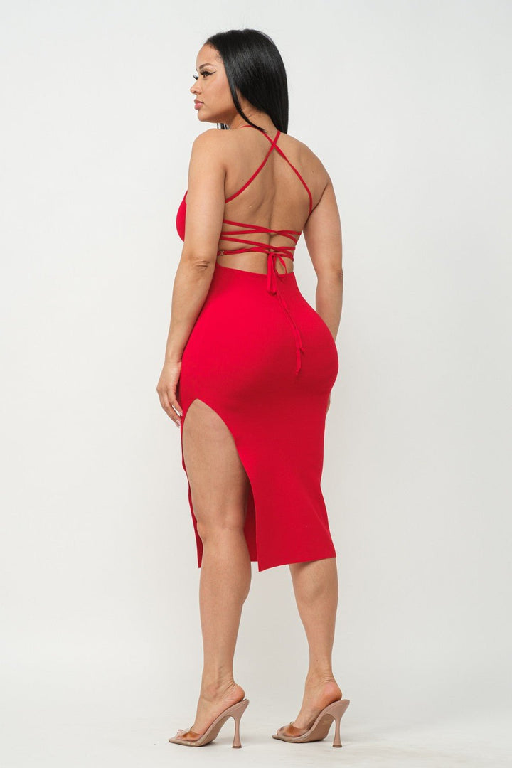 Red Tank Midi Dress With Lace - Up Back - STYLED BY ALX COUTUREDRESSES