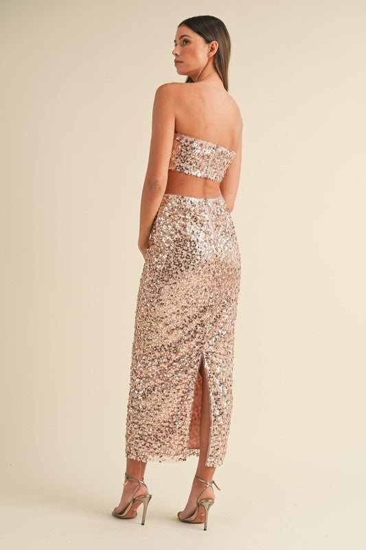 Rose Gold Sequin Floral Beaded Midi Skirt Set - STYLED BY ALX COUTUREDresses