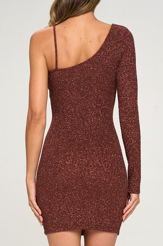 Rust One Shoulder Glitter Mini Dress - STYLED BY ALX COUTUREDresses