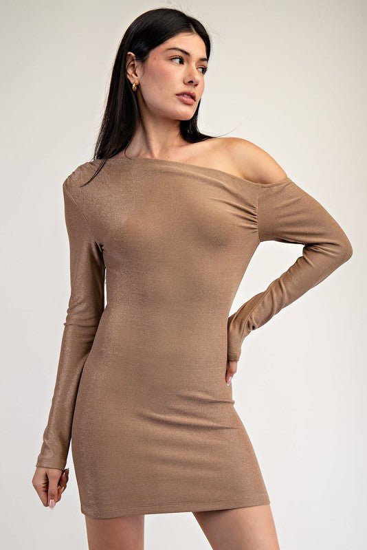 Shimmer Mocha Ribbed Asymmetrical One Shoulder Mini Dress - STYLED BY ALX COUTUREDresses