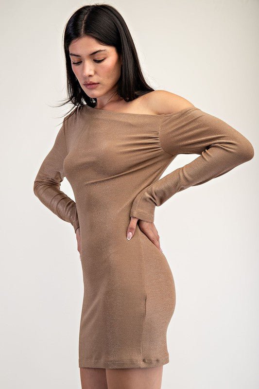 Shimmer Mocha Ribbed Asymmetrical One Shoulder Mini Dress - STYLED BY ALX COUTUREDresses