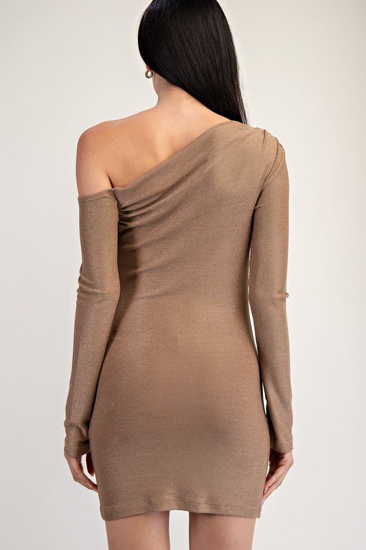 Shimmer Mocha Ribbed Asymmetrical One Shoulder Mini Dress - STYLED BY ALX COUTUREDresses