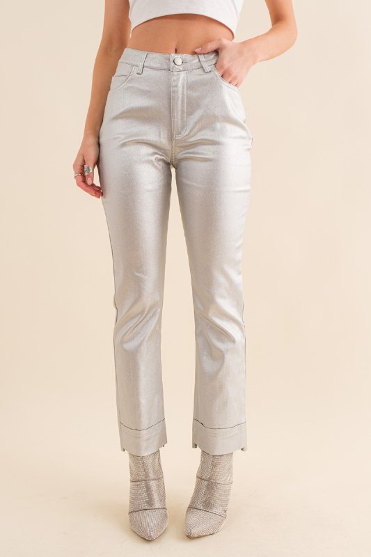 Silver Metallic Ankle Length Denim Jeans - STYLED BY ALX COUTUREPANTS