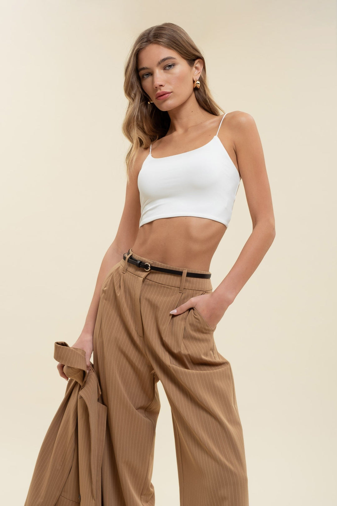 Tan Pinstripe Wideleg Pleated Pants - STYLED BY ALX COUTUREPANTS