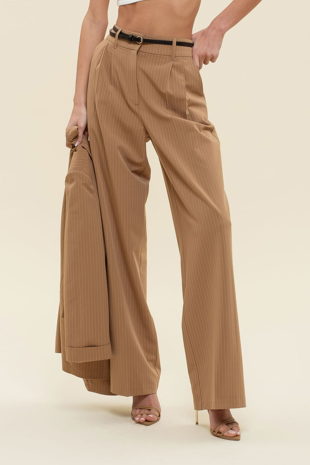 Tan Pinstripe Wideleg Pleated Pants - STYLED BY ALX COUTUREPANTS