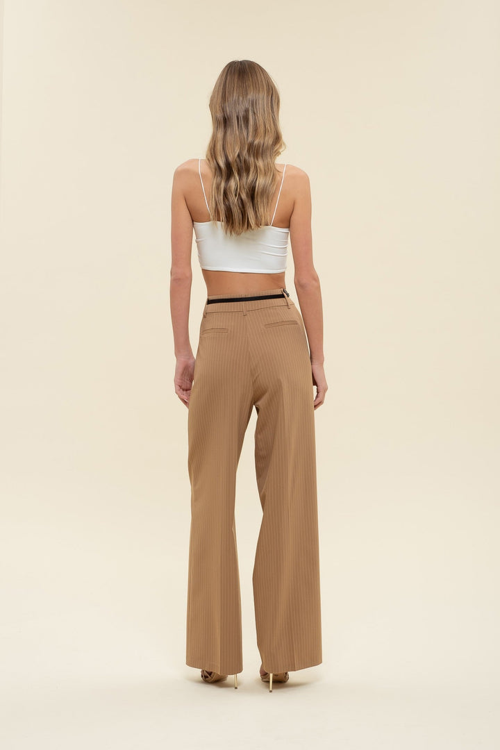 Tan Pinstripe Wideleg Pleated Pants - STYLED BY ALX COUTUREPANTS