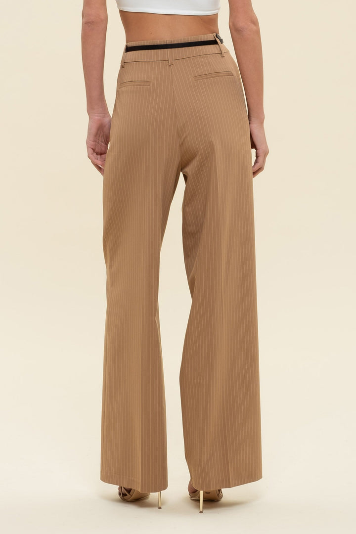 Tan Pinstripe Wideleg Pleated Pants - STYLED BY ALX COUTUREPANTS