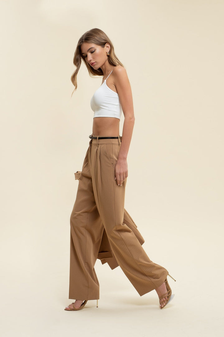 Tan Pinstripe Wideleg Pleated Pants - STYLED BY ALX COUTUREPANTS