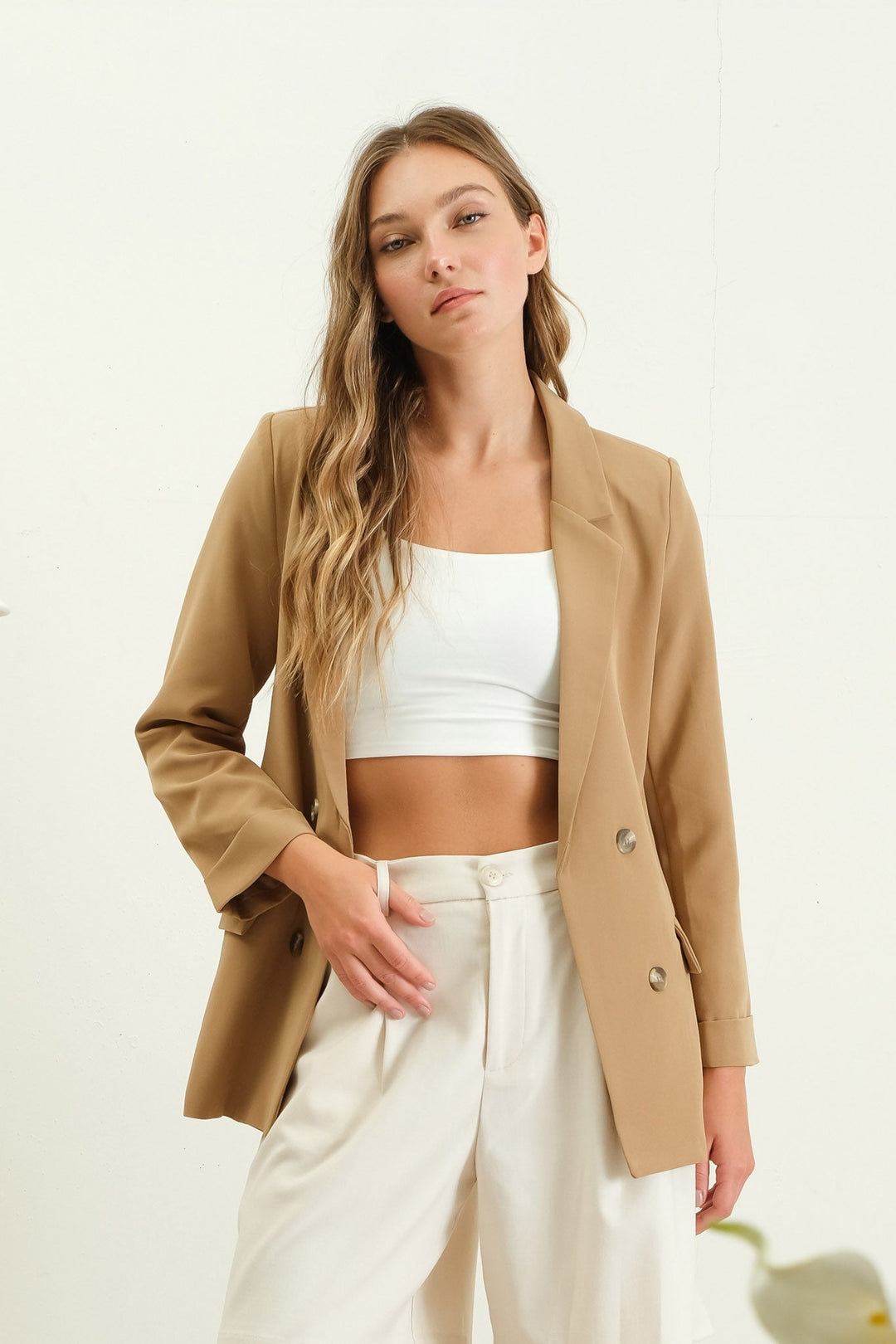 Tan Solid Folded Sleeve Blazer - STYLED BY ALX COUTUREBlazer