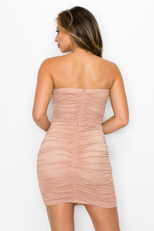 Tan Strapless Shirring Bodycon Dress - STYLED BY ALX COUTUREDresses