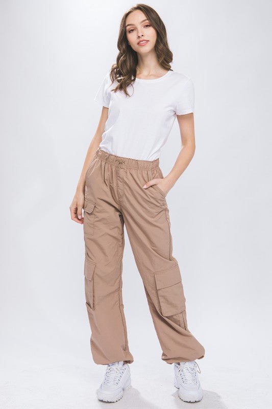 Taupe Cargo Parachute Pants With Toggle Detail - STYLED BY ALX COUTUREPANTS