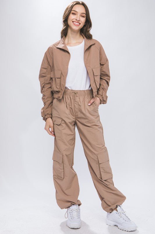 Taupe Cargo Parachute Pants With Toggle Detail - STYLED BY ALX COUTUREPANTS