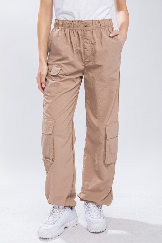 Taupe Cargo Parachute Pants With Toggle Detail - STYLED BY ALX COUTUREPANTS