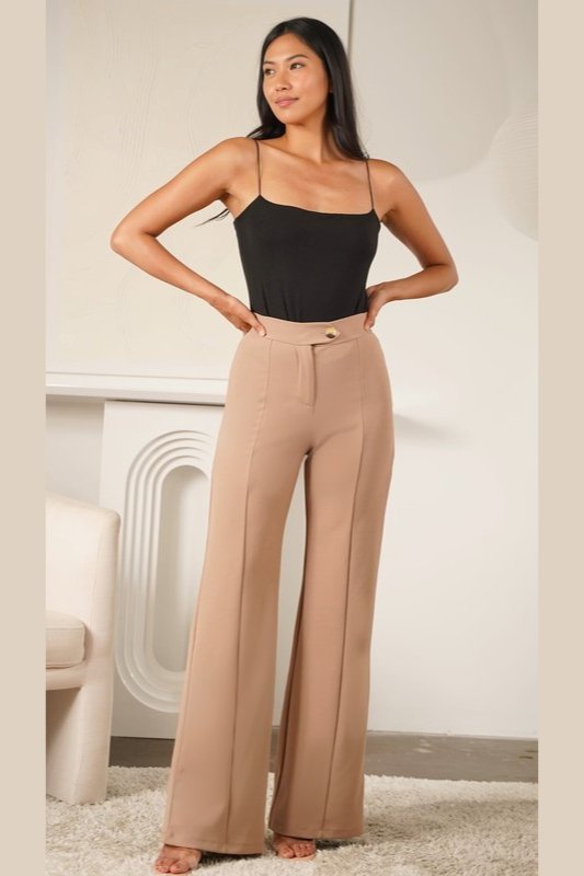 Taupe Dark High Waisted Tortoise Button Trouser Pants - STYLED BY ALX COUTUREPANTS