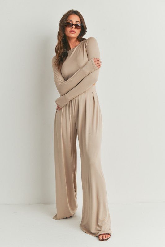 Taupe Dusty Long Sleeve Top and Wide Leg Pants Set - STYLED BY ALX COUTUREOutfit Sets