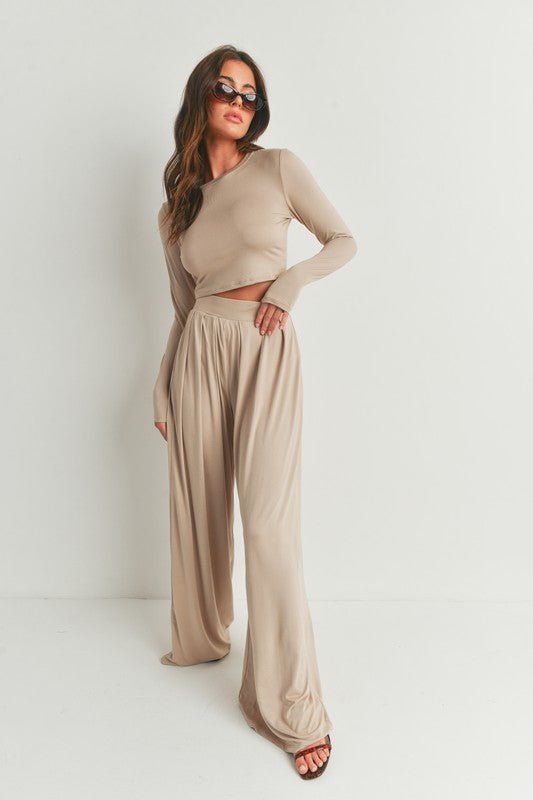 Taupe Dusty Long Sleeve Top and Wide Leg Pants Set - STYLED BY ALX COUTUREOutfit Sets