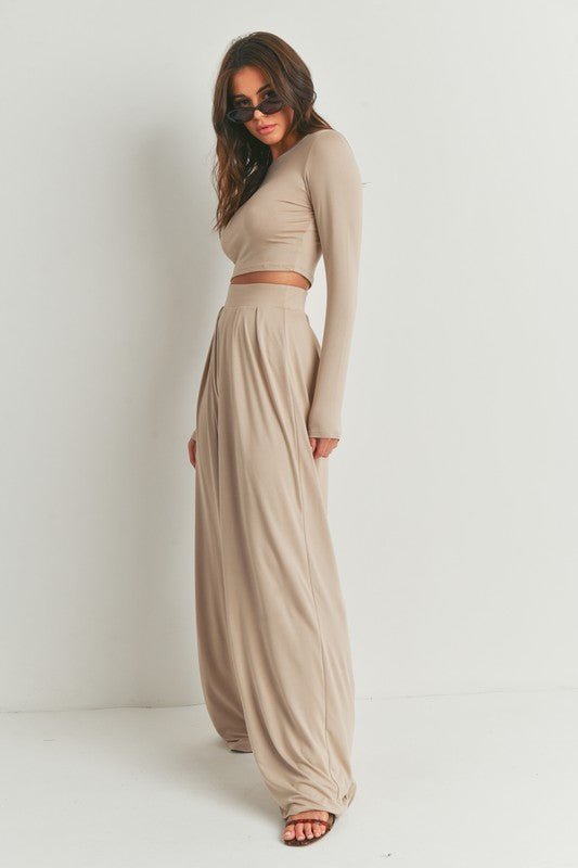 Taupe Dusty Long Sleeve Top and Wide Leg Pants Set - STYLED BY ALX COUTUREOutfit Sets