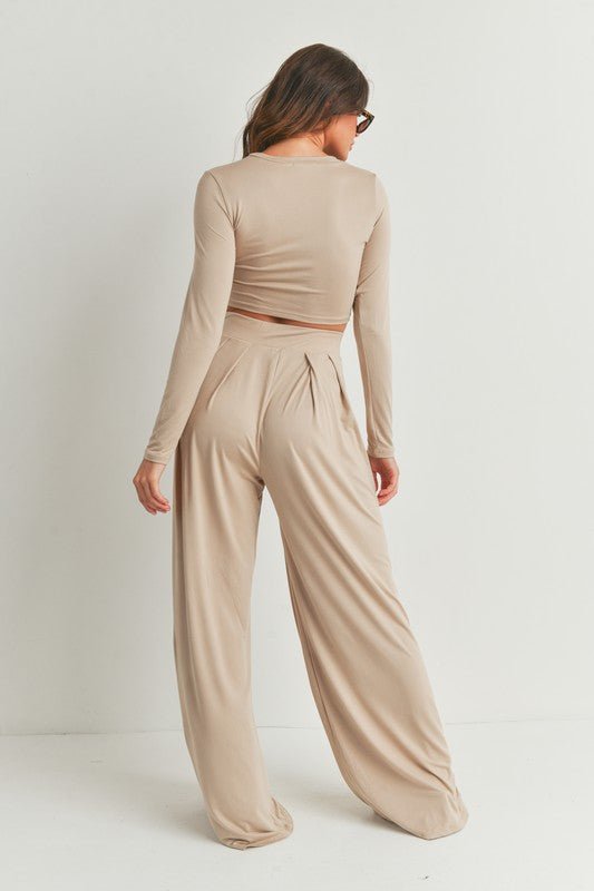 Taupe Dusty Long Sleeve Top and Wide Leg Pants Set - STYLED BY ALX COUTUREOutfit Sets