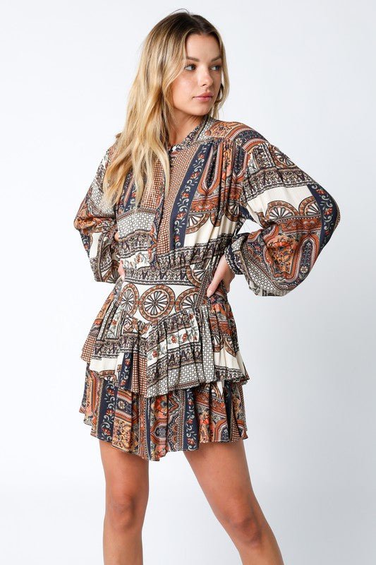 Taupe Multi Deidre Long Sleeve Mini Dress - STYLED BY ALX COUTUREDRESS