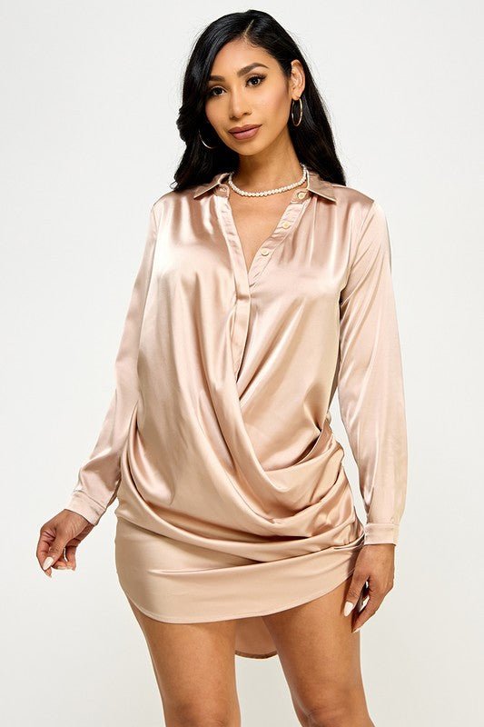 Taupe Satin Button Down Front Draped Shirt Dress - STYLED BY ALX COUTUREDRESS
