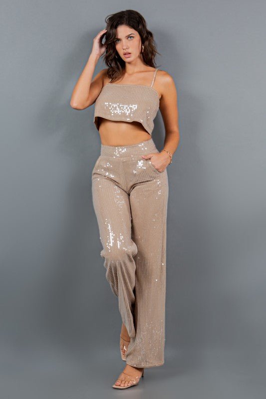 Taupe Sequin Crop Top Straight Leg High Waisted Pants Set - STYLED BY ALX COUTUREOutfit Sets