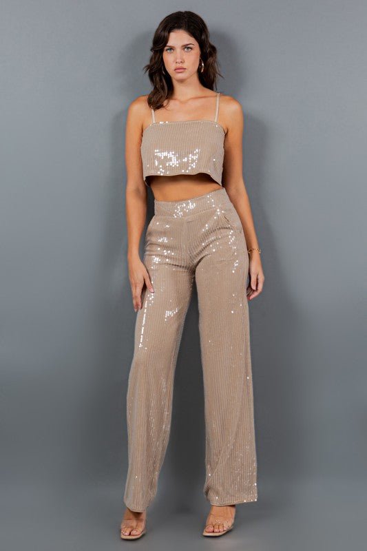 Taupe Sequin Crop Top Straight Leg High Waisted Pants Set - STYLED BY ALX COUTUREOutfit Sets