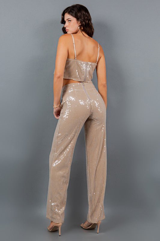 Taupe Sequin Crop Top Straight Leg High Waisted Pants Set - STYLED BY ALX COUTUREOutfit Sets