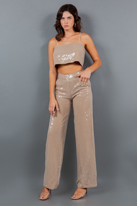 Taupe Sequin Crop Top Straight Leg High Waisted Pants Set - STYLED BY ALX COUTUREOutfit Sets