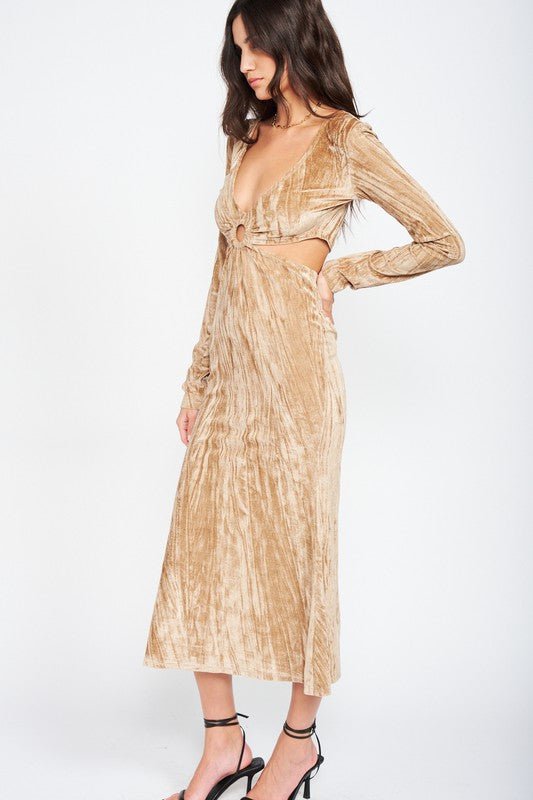 Taupe V - Neck Velvet Midi Dress - STYLED BY ALX COUTUREDresses