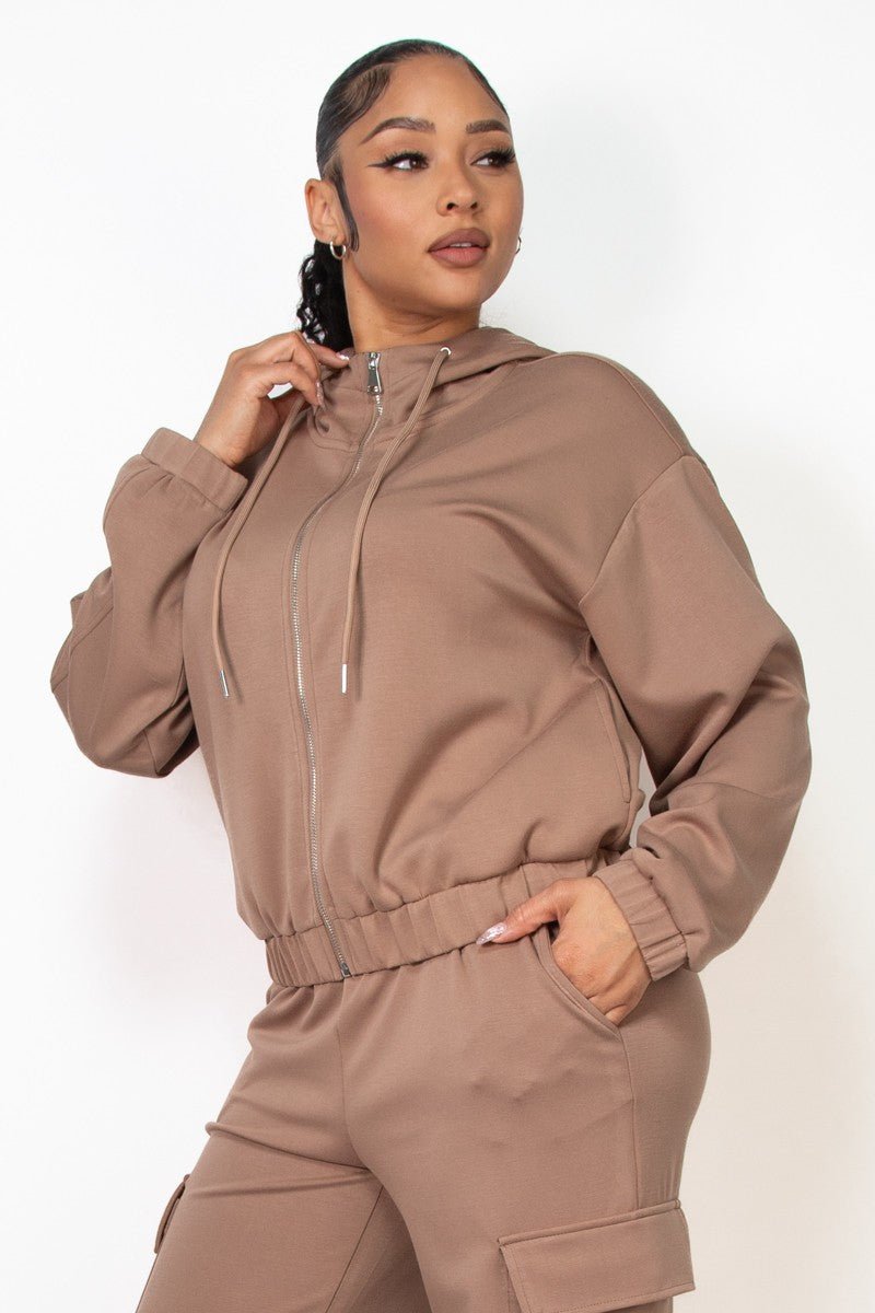 Taupe Zip - Up Hoodie Drawstring Jacket - STYLED BY ALX COUTURECoats & Jackets