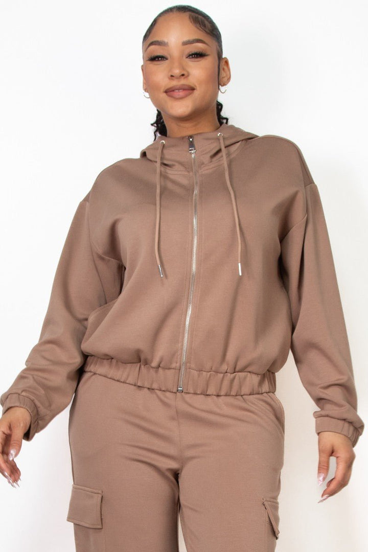 Taupe Zip - Up Hoodie Drawstring Jacket - STYLED BY ALX COUTURECoats & Jackets