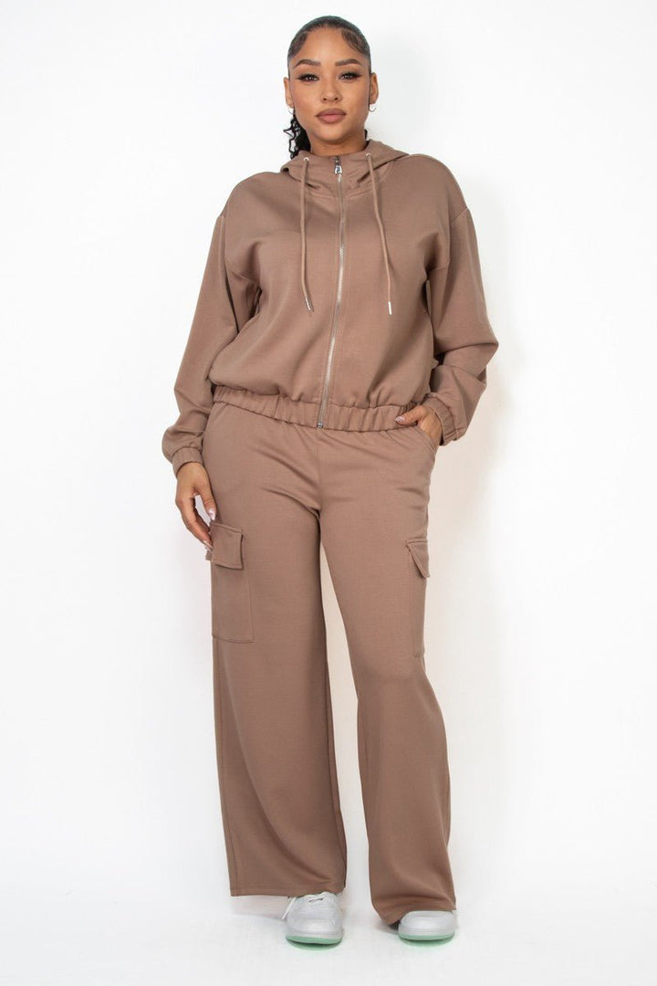 Taupe Zip - Up Hoodie Drawstring Jacket - STYLED BY ALX COUTURECoats & Jackets