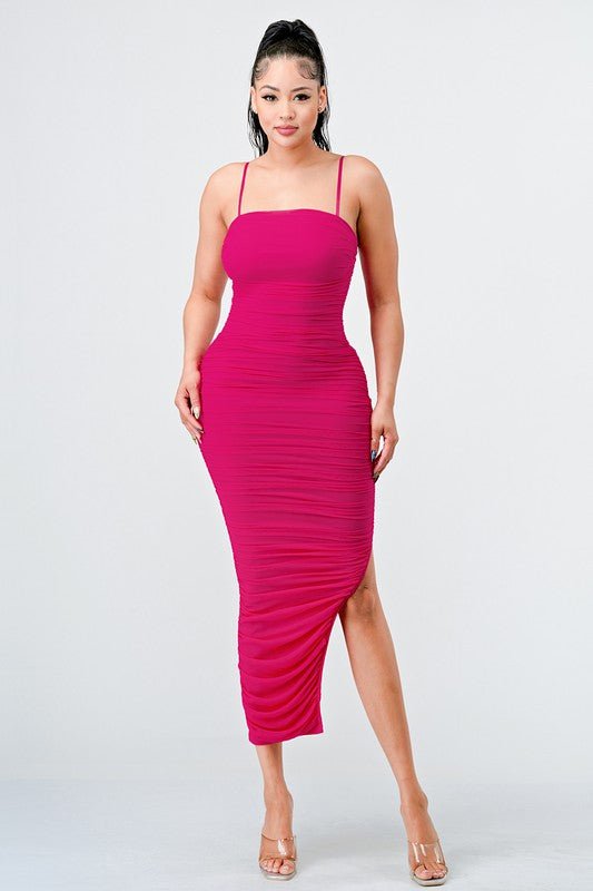 True Hot Pink Lux Ruched Mesh Layer Side Open Slitted Midi Dress - STYLED BY ALX COUTUREDRESS