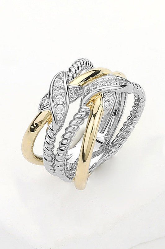 Two Tone CZ Stone Paved Crisscross Pointed Ring - STYLED BY ALX COUTURERING