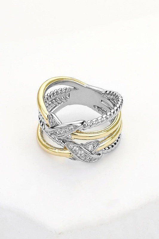 Two Tone CZ Stone Paved Crisscross Pointed Ring - STYLED BY ALX COUTURERING