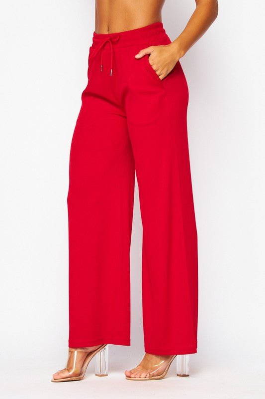 Valentine Red Stretchy Ribbed Drawstring Pocket Wide Leg Pants Large