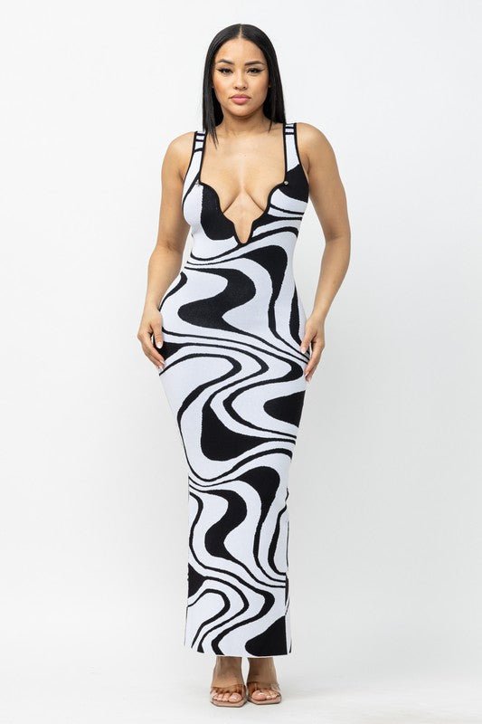 White Black Groovy Wave Jacquard Maxi Dress - STYLED BY ALX COUTUREDRESS
