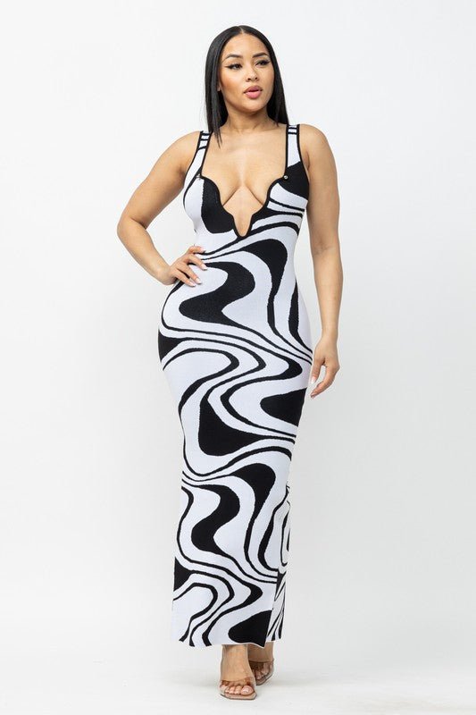 White Black Groovy Wave Jacquard Maxi Dress - STYLED BY ALX COUTUREDRESS