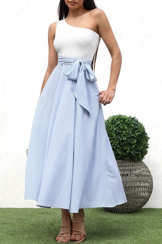 White Blue One Shoulder Striped Dress - STYLED BY ALX COUTUREDRESS