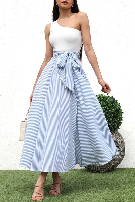 White Blue One Shoulder Striped Dress - STYLED BY ALX COUTUREDRESS