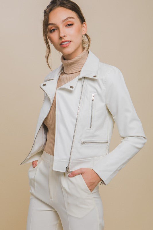 White Faux Leather Zip Up Biker Jacket - STYLED BY ALX COUTURECoats & Jackets