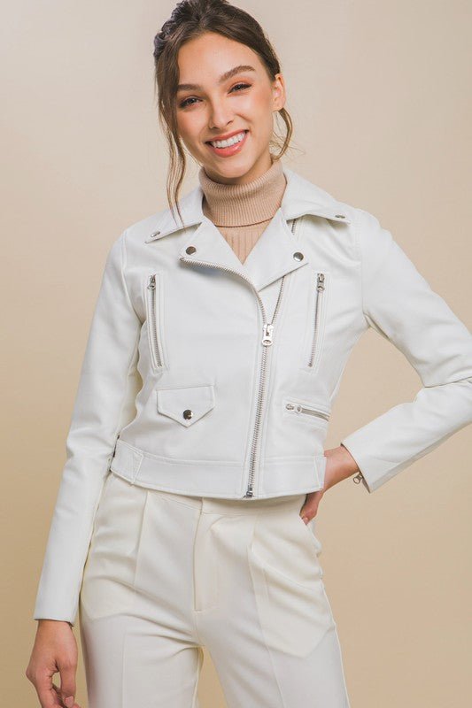 White Faux Leather Zip Up Biker Jacket - STYLED BY ALX COUTURECoats & Jackets