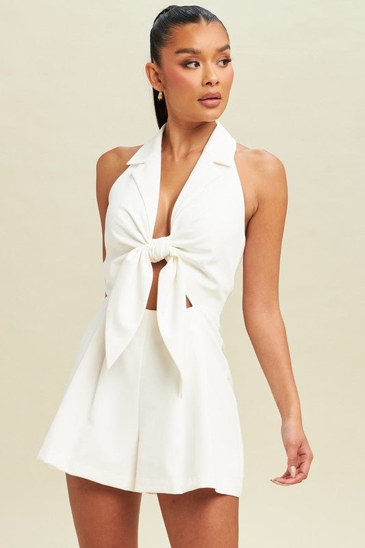White Halter Tie Front Playsuit - STYLED BY ALX COUTUREJumpsuits & Rompers