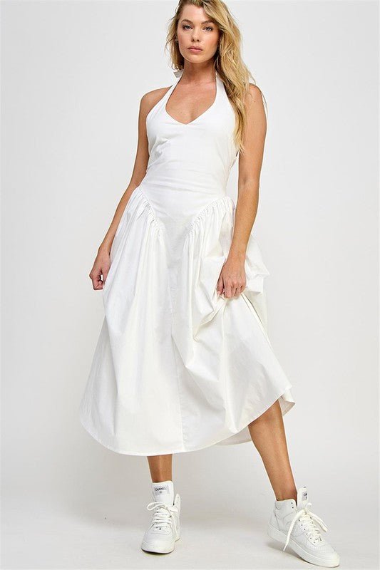 White Halter Tie Maxi Dress With Pockets - STYLED BY ALX COUTUREDresses