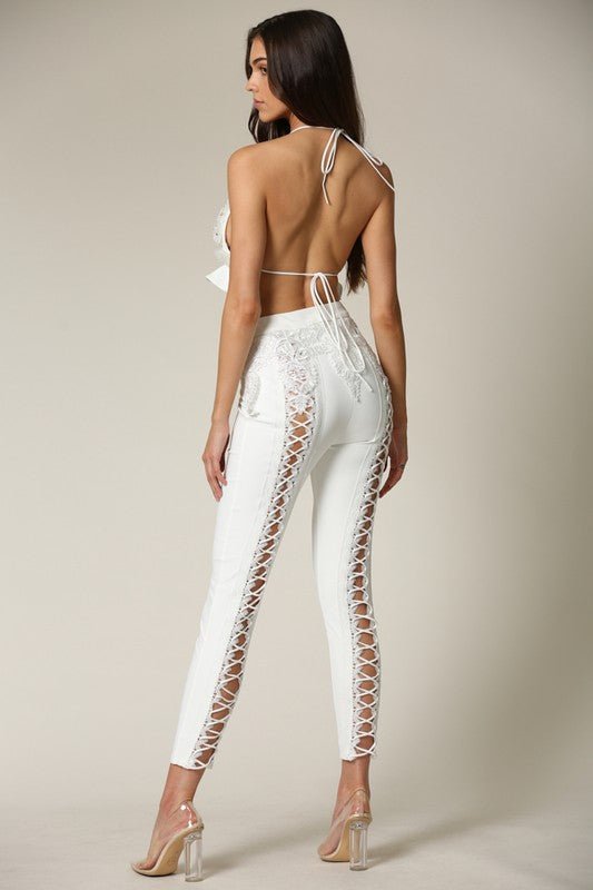 White High Waisted Lace Up Pants - STYLED BY ALX COUTUREPANTS